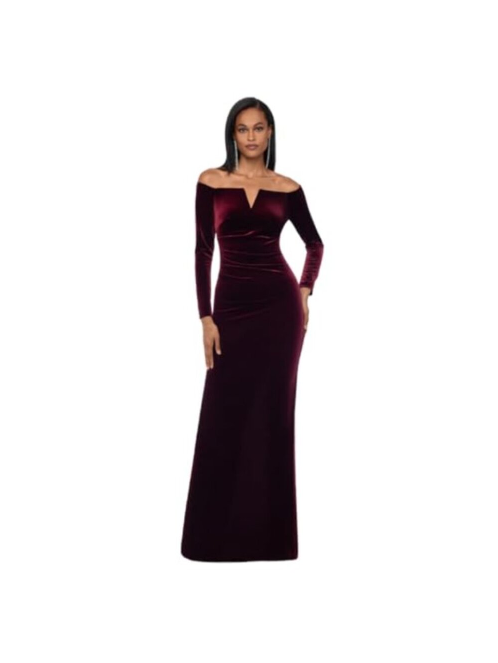 Off-The-Shoulder Velvet Long Sleeve Maxi Dress with V-bar Neckline